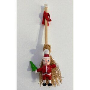 Vintage Wood Santa Christmas Tree Ornament Straw Broom Rustic Holiday